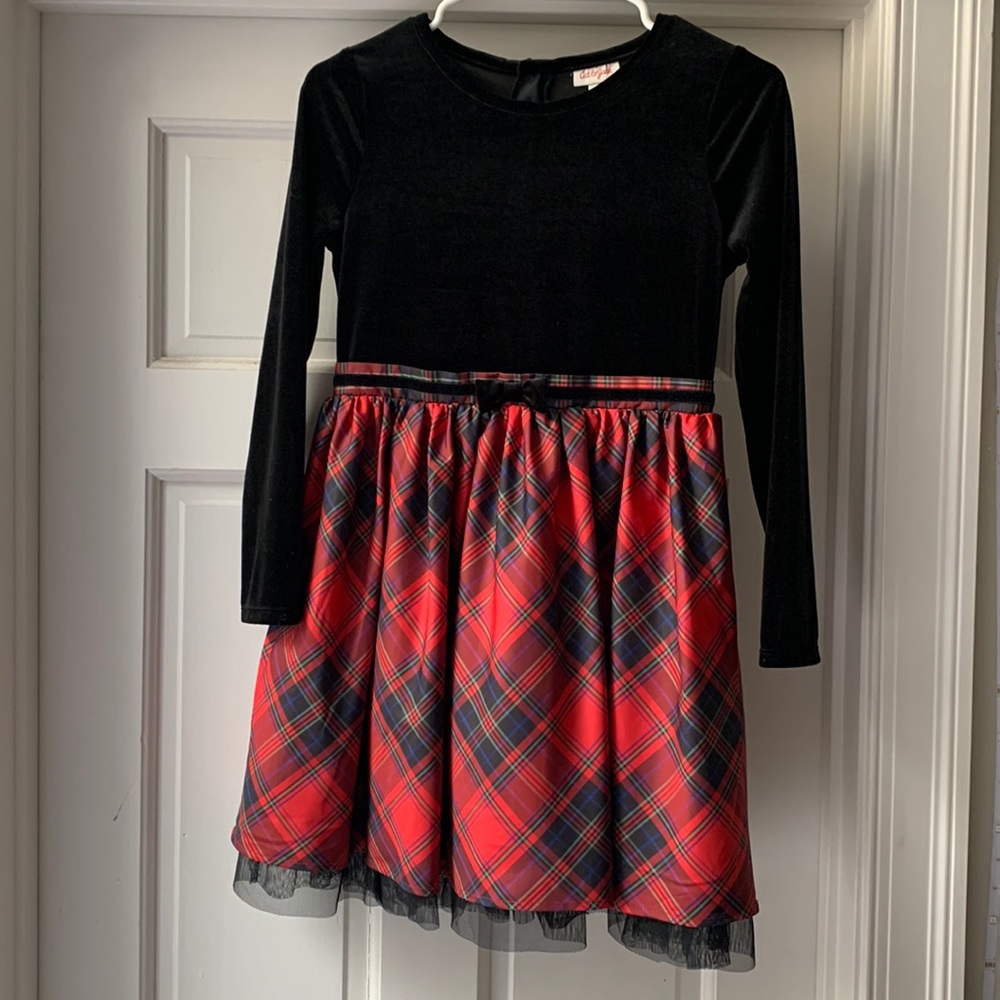 Cat & Jack, holiday dress, velvet & plaid, worn once, size children L, 10-12